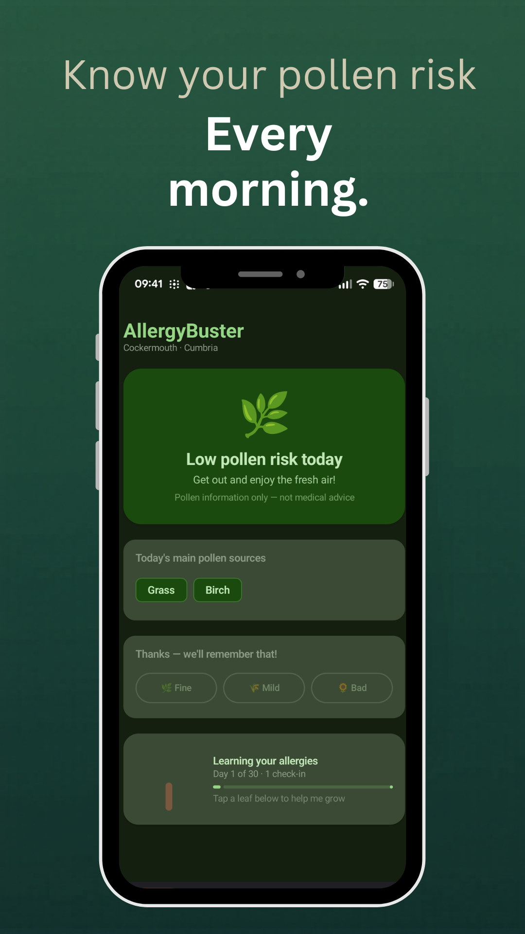 AllergyBuster home screen showing today's pollen risk