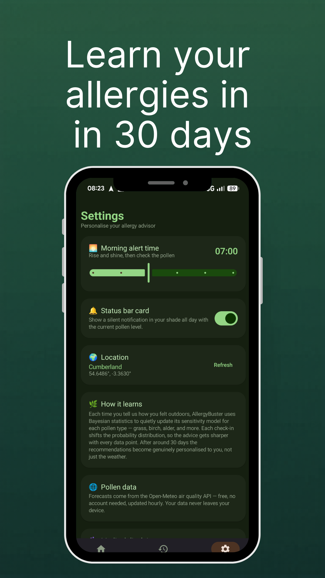 AllergyBuster settings screen with morning alert, status-bar card and location